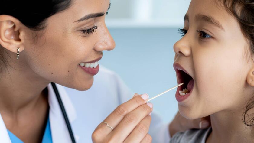 Γιατρός εξετάζει το στόμα μικρού κοριτσιού με ξυλάκι σε παιδιατρικό ιατρείο, σε έλεγχο για λοιμώξεις.
