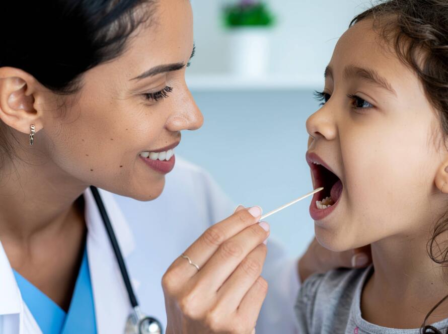 Γιατρός εξετάζει το στόμα μικρού κοριτσιού με ξυλάκι σε παιδιατρικό ιατρείο, σε έλεγχο για λοιμώξεις.