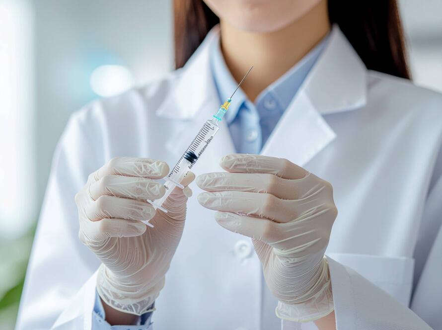 Γιατρός με λευκή ιατρική ρόμπα και γάντια κρατάει σύριγγα εμβολίου έτοιμη για χρήση, σε κλινικό περιβάλλον