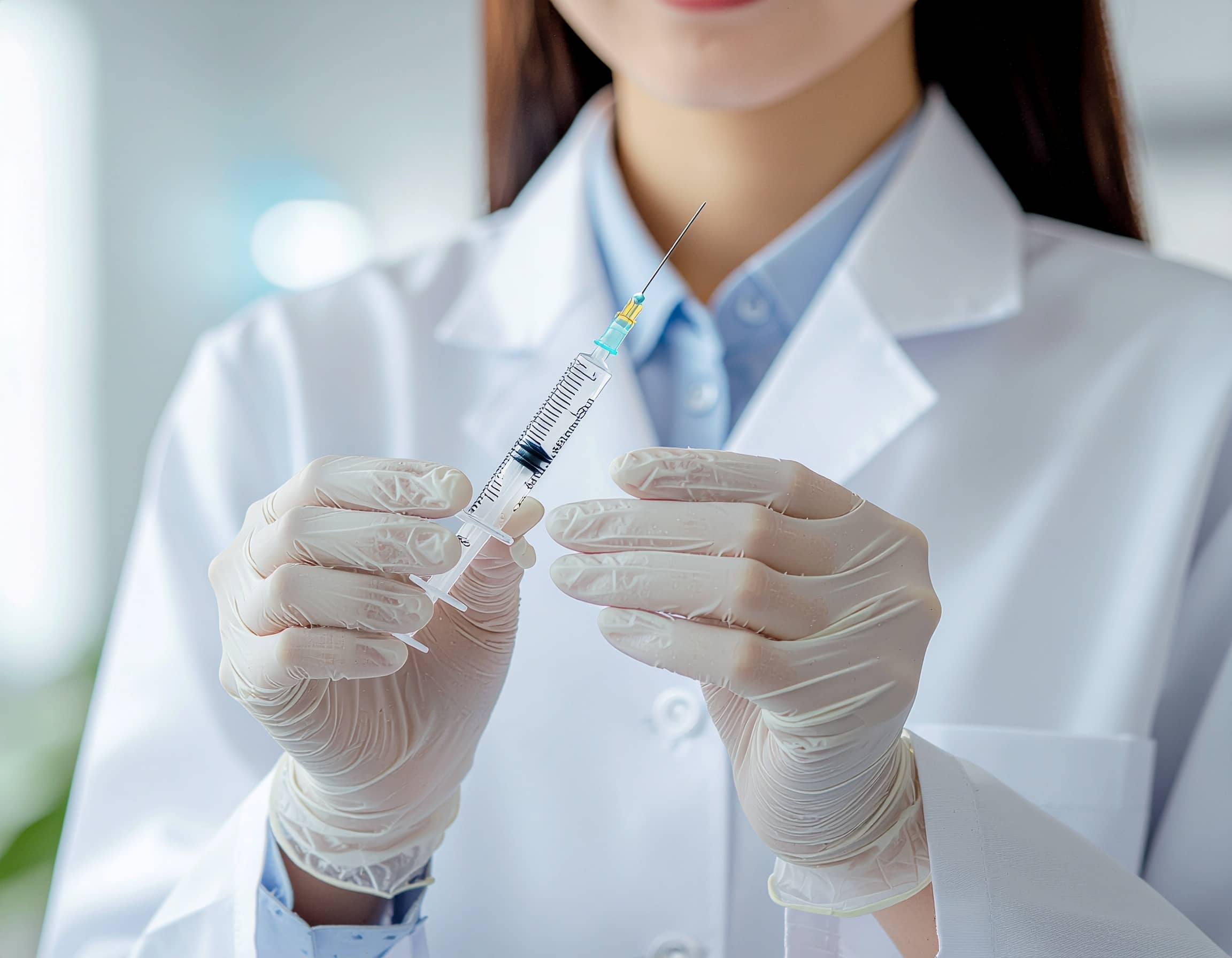 Γιατρός με λευκή ιατρική ρόμπα και γάντια κρατάει σύριγγα εμβολίου έτοιμη για χρήση, σε κλινικό περιβάλλον