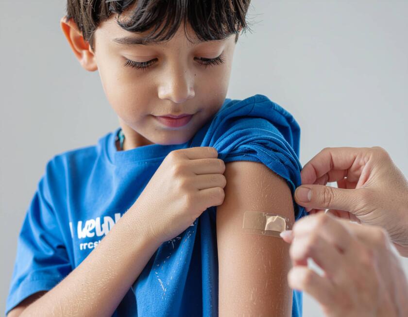 Αγόρι με μπλε μπλουζάκι σηκώνει το μανίκι για να του τοποθετηθεί αυτοκόλλητο στο χέρι μετά τον εμβολιασμό.