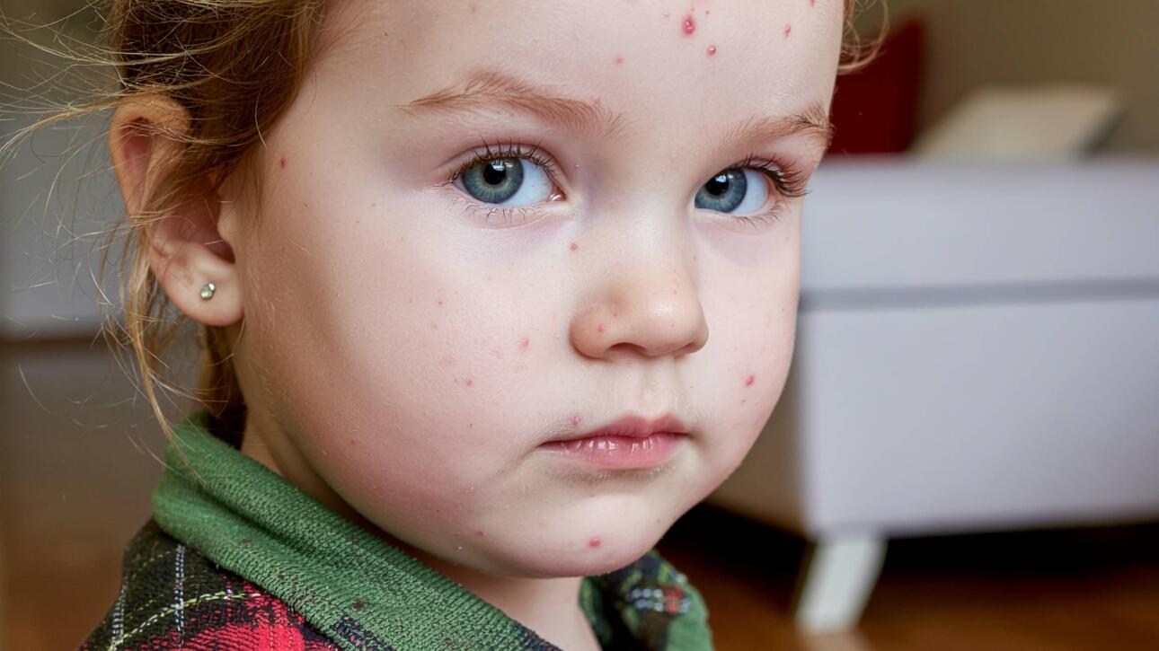 Κοριτσάκι με εξανθήματα από ιλαρά στο πρόσωπο και το μέτωπο, γυρισμένο προς την κάμερα σε εσωτερικό χώρο.