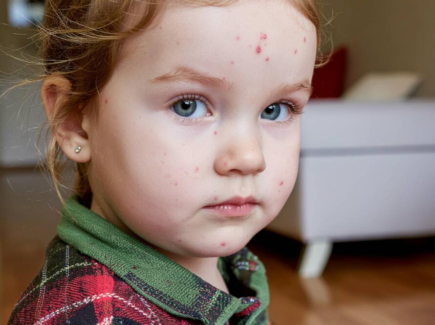 Κοριτσάκι με εξανθήματα από ιλαρά στο πρόσωπο και το μέτωπο, γυρισμένο προς την κάμερα σε εσωτερικό χώρο.